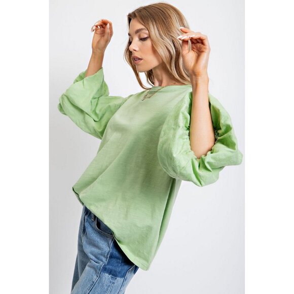 Easel Sage Green Mineral Washed Embroidered Balloon Sleeves Loose Fit Top - Picture 3 of 5